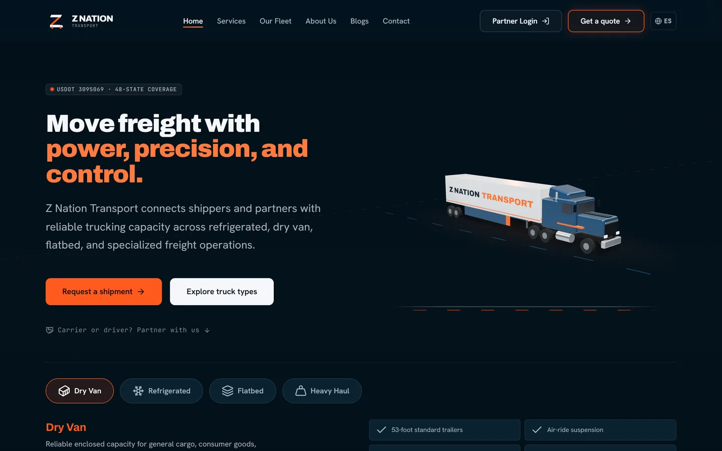 Z Nation Transport website delivered alongside the CRM implementation